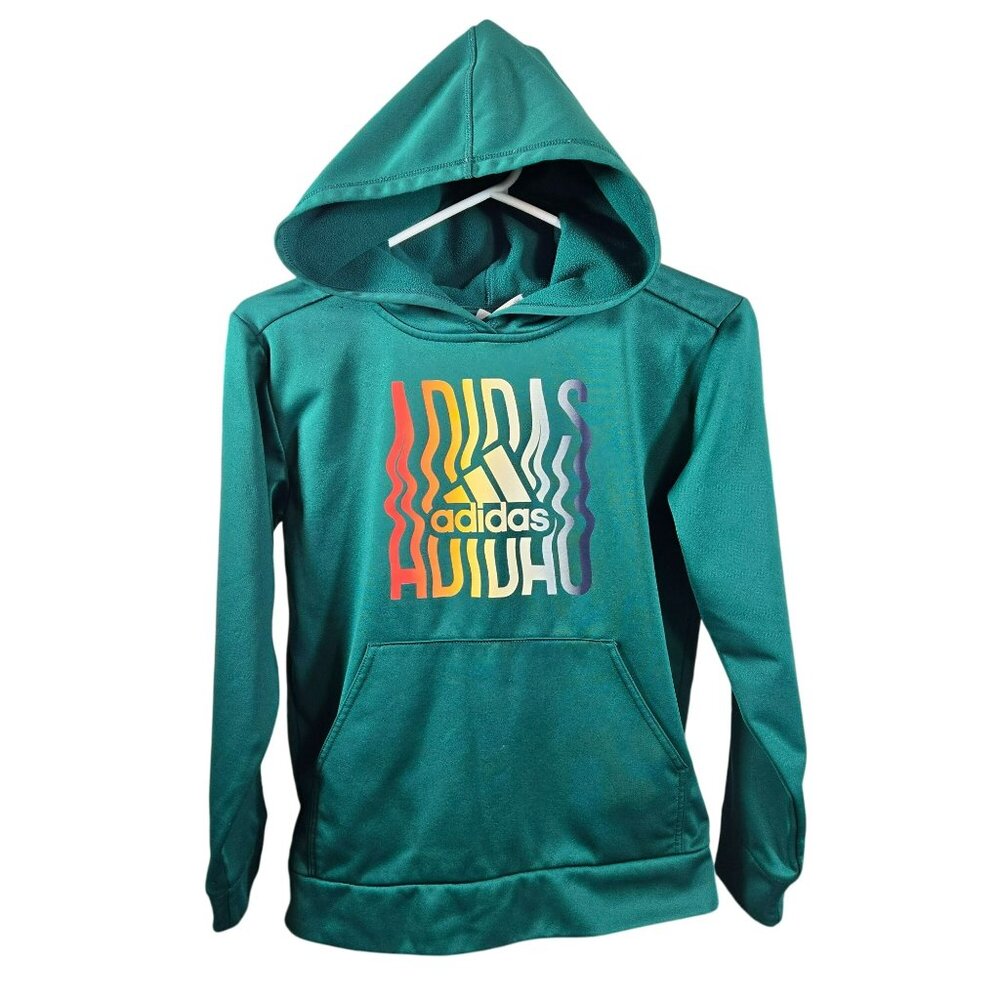 Adidas Wavy Rainbow Logo Green Hoodie Youth M 10/12 Pullover Sweatshirt Pocket